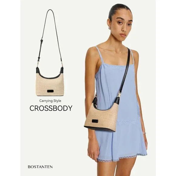 Women Straw Crossbody Bag Raffia Clutch Shoulder Handbag Summer Beach Black - Picture 2 of 6